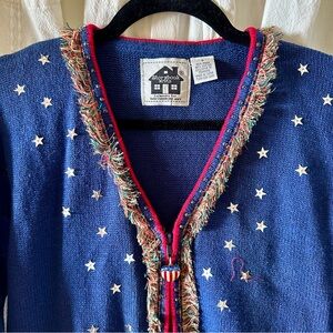 VINTAGE STORYBOOK KNITS Red White and Fringy Zip Up Cardigan